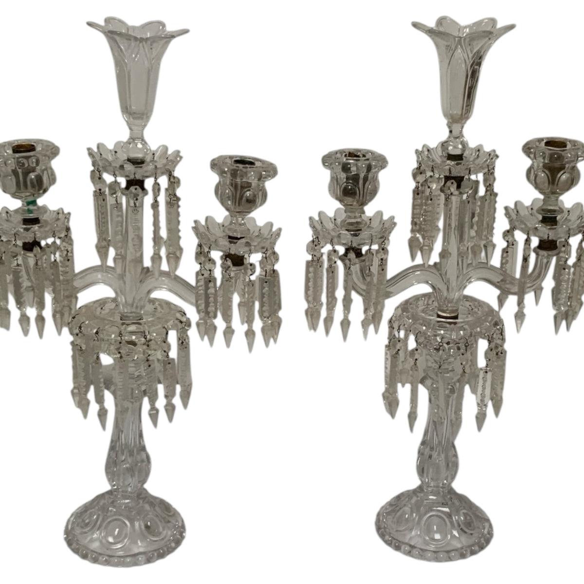 Vintage Pair 14" Modular Crystal 3-Light Candelabras Threaded European Lead Crystal Complete with Prisms