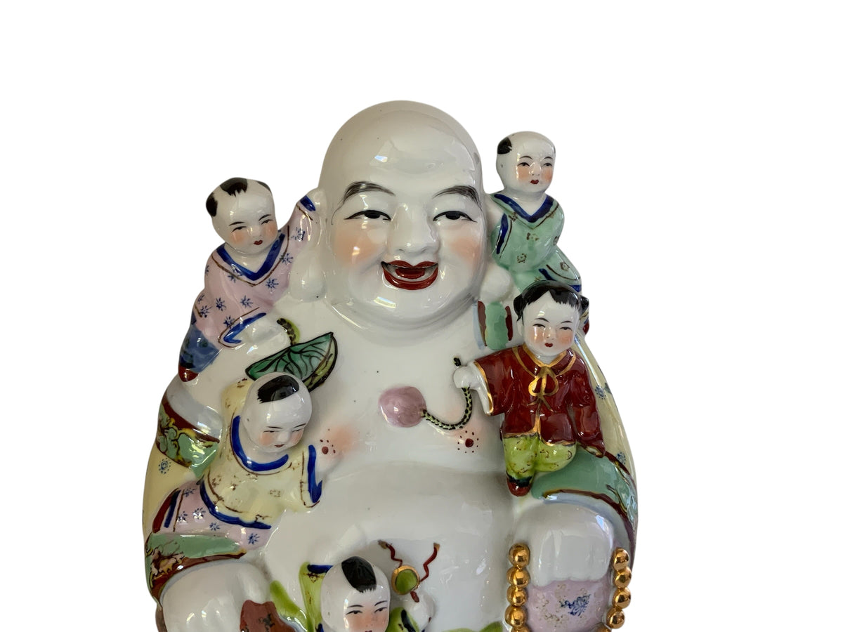 Large Vintage Chinese Famille Rose Porcelain 11.25" Laughing Buddha 5 Children Statue China 1960s-1980s