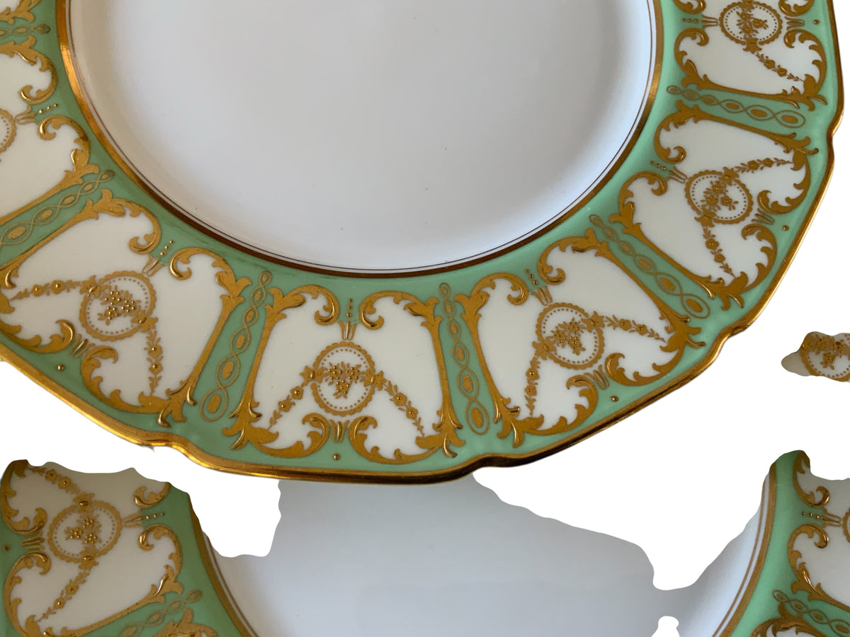 Antique Royal Doulton Robert Allen Dinner Plates Mint Green Gold Gilt 10” Set of 12 (Dated 1916/1925)