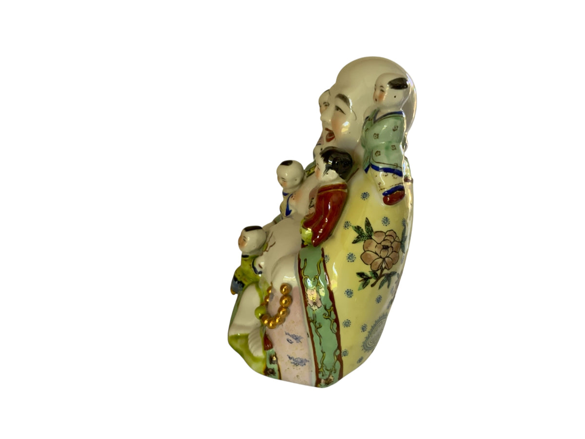 Large Vintage Chinese Famille Rose Porcelain 11.25" Laughing Buddha 5 Children Statue China 1960s-1980s