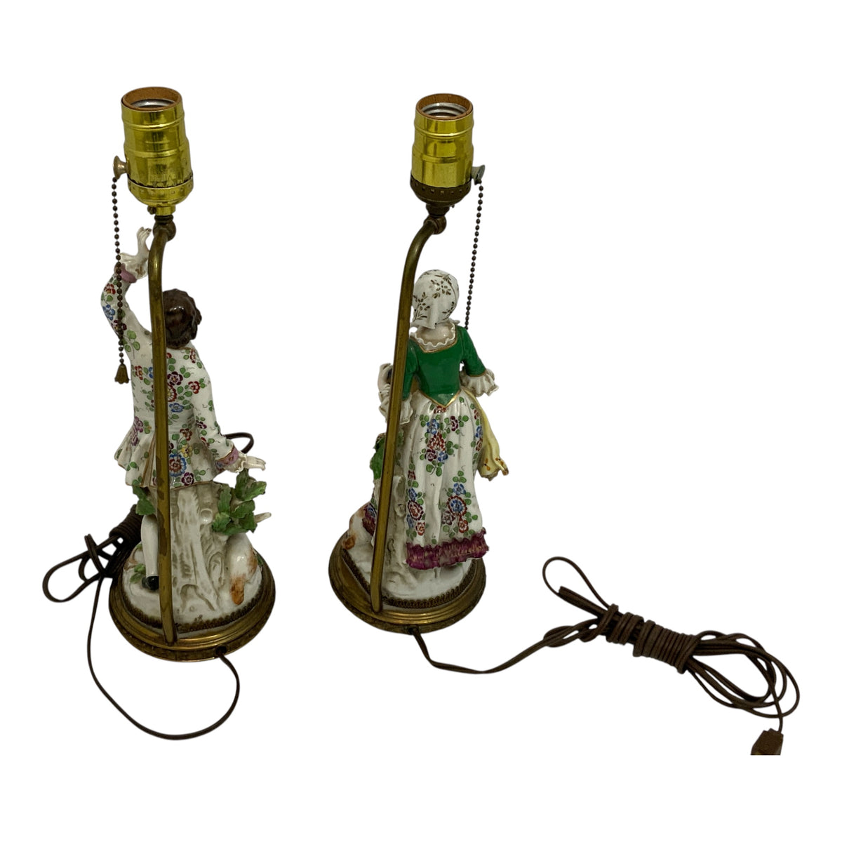 Pair Antique Samson of Paris Chelsea-Style Porcelain Shepherd & Shepherdess Table Lamps w/Shades France c. 1900