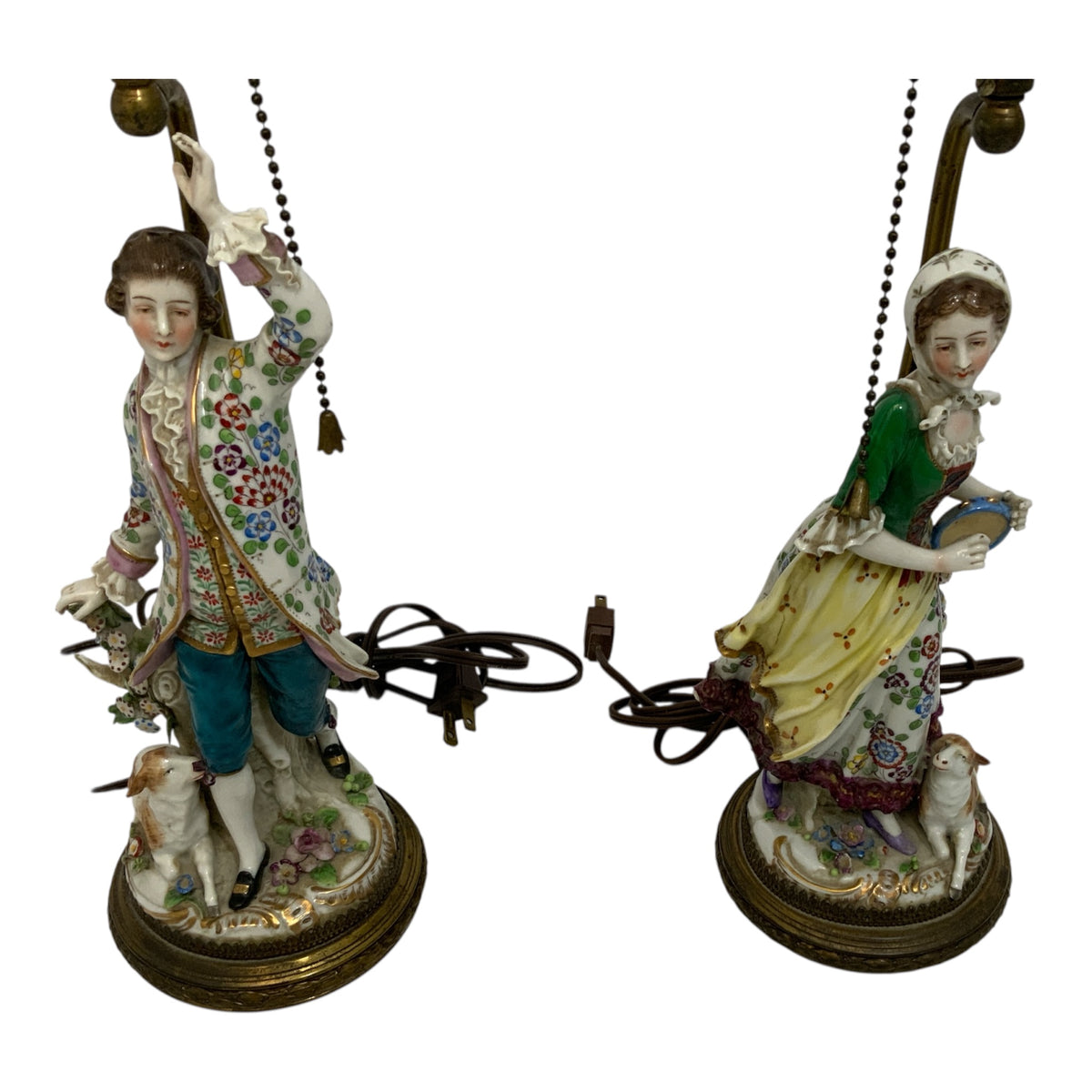 Pair Antique Samson of Paris Chelsea-Style Porcelain Shepherd & Shepherdess Table Lamps w/Shades France c. 1900