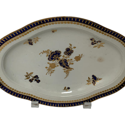 Antique 18th C. Caughley Salopian Porcelain Dresden Flowers 9" Oval Dish England c. 1785–1790