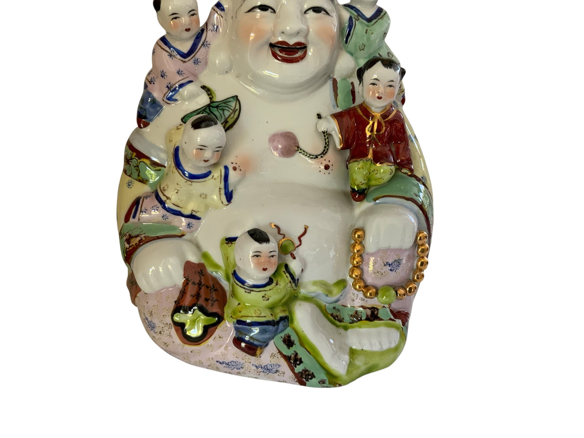 Large Vintage Chinese Famille Rose Porcelain 11.25" Laughing Buddha 5 Children Statue China 1960s-1980s