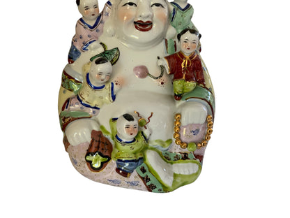 Large Vintage Chinese Famille Rose Porcelain 11.25" Laughing Buddha 5 Children Statue China 1960s-1980s