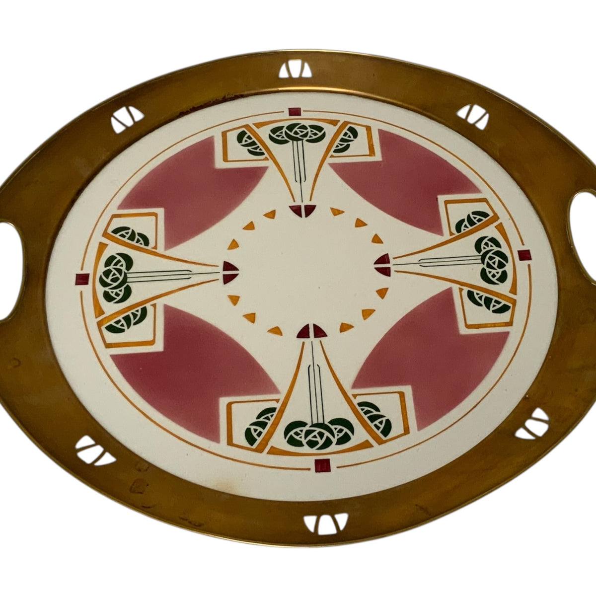 Antique German Jugendstil Wächtersbach Attributed Ceramic & Pierced Brass Tray c. 1905-1920