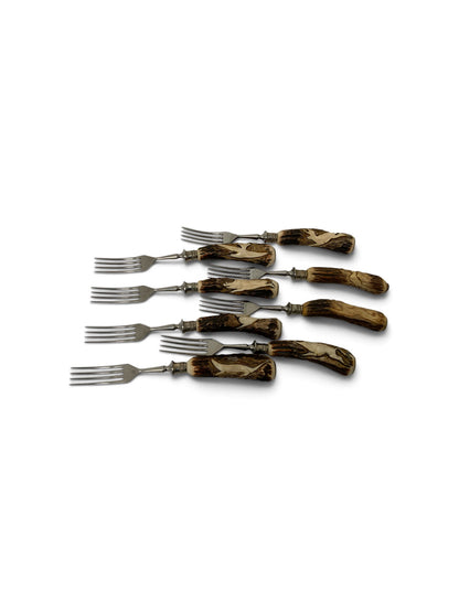 Vintage German Hand-Carved Stag Antler Hunting Dinner Forks Set of 8 c. 1950-1970