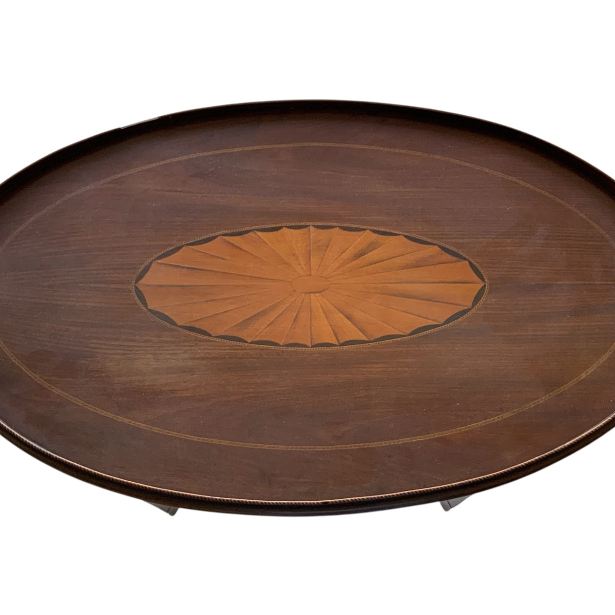 Antique English Edwardian Mahogany & Satinwood Marquetry Oval Occasional Table England c. 1900