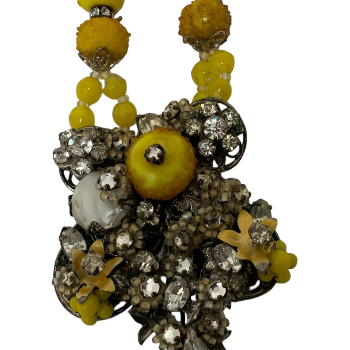 Vintage Original by Robert Yellow Glass Bead Rhinestone 3 pc. Parure Necklace Bracelet Earrings USA c. 1940s–1955