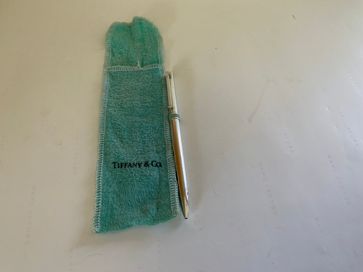 Authentic Tiffany & Co. Sterling Silver T-Clip Ballpoint Pen Tiffany Blue Band 925 w/Pouch Made in Germany 2010s