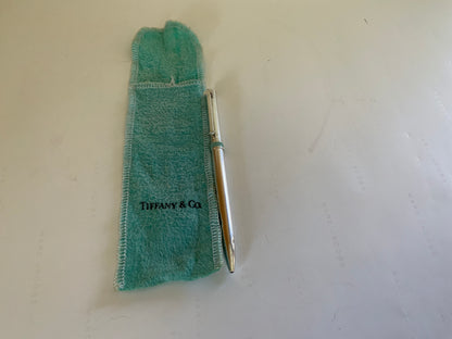 Authentic Tiffany & Co. Sterling Silver T-Clip Ballpoint Pen Tiffany Blue Band 925 w/Pouch Made in Germany 2010s