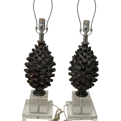 Pair of Neoclassical Style Brown Pinecone Table Lamps on Stacked Lucite Footed Bases 29" 2013