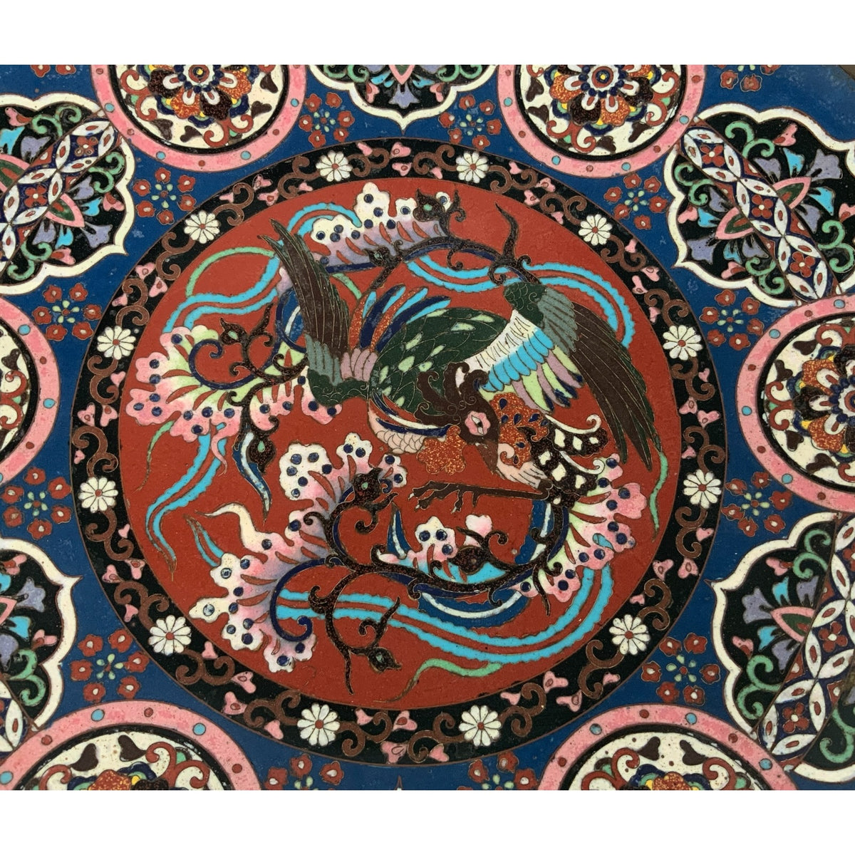 Antique Japanese Meiji Cloisonné Hō-ō Phoenix Goldstone Charger c. 1880-1900