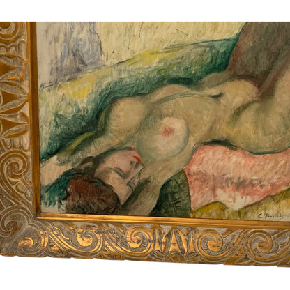 Constantine Pougialis (1894–1985) Seated Reclining Female Nude Modernist Oil Painting USA 1930s-1950s