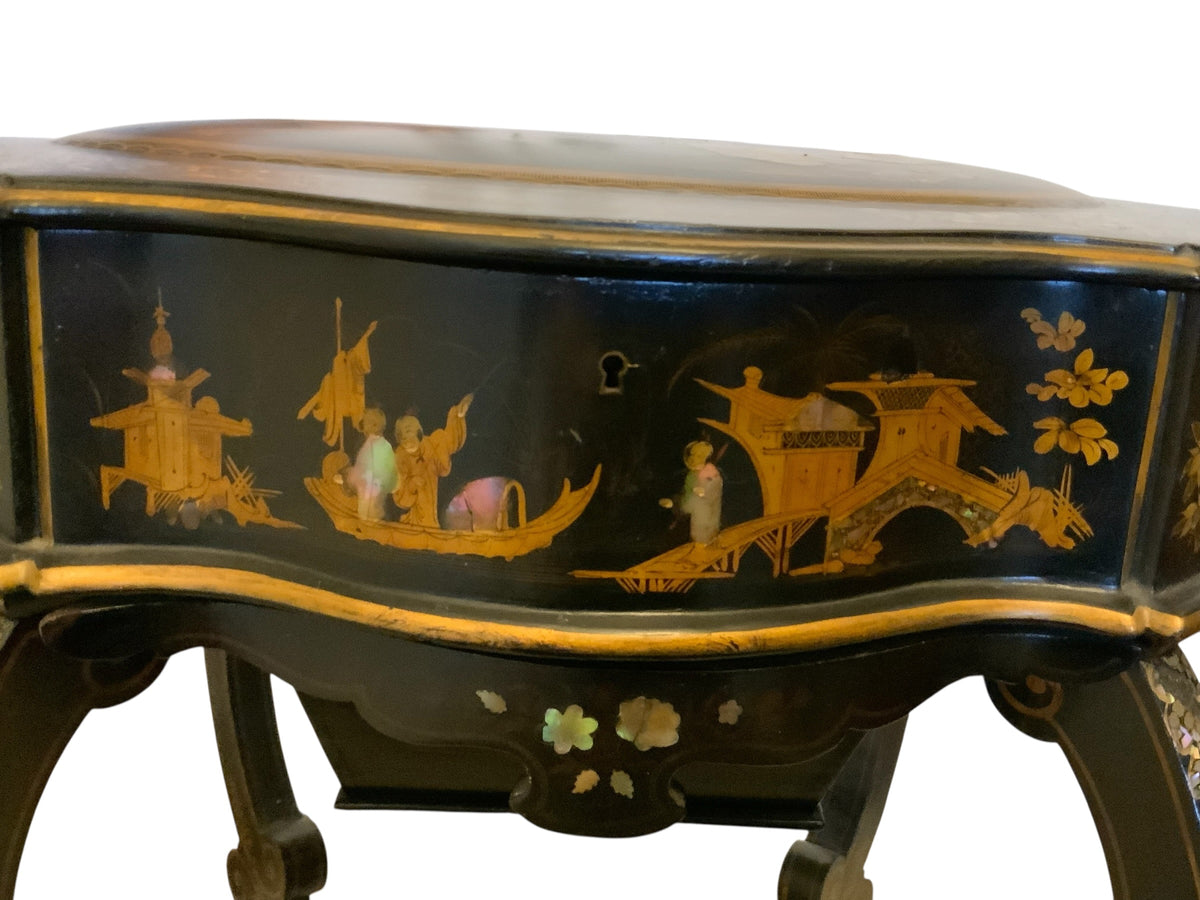 Antique Burgauté Black Lacquer & Mother-of-Pearl Sewing Table Circa 1850–1880