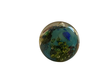 Vintage Josh Simpson Inhabited Planet Planetary Glass Marble Paperweight 2.75" Signed Made in USA 1994