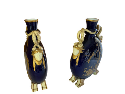 Pair Antique Grainger Cobalt Blue Porcelain Moon Pilgrim Flasks Snake Handles c. 1880 Gilt Vases Made in England