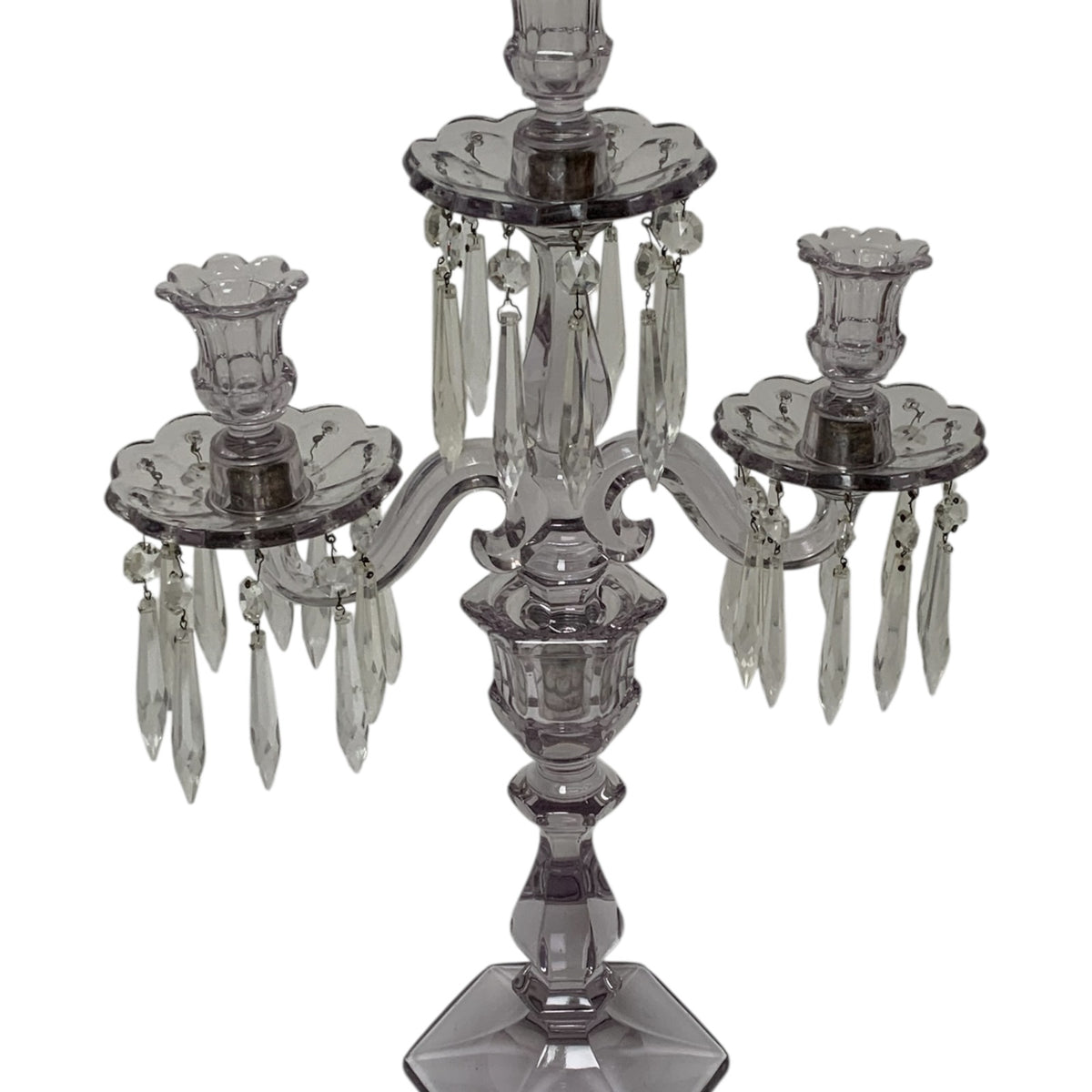 Antique Heisey Glass Puritan 3-Light Candelabra #300 Complete Prisms Sun Purple Tint c.1904-1915