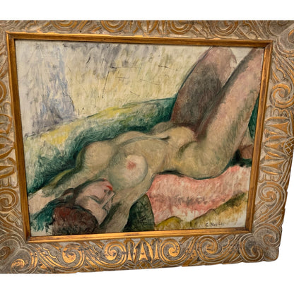 Constantine Pougialis (1894–1985) Seated Reclining Female Nude Modernist Oil Painting USA 1930s-1950s