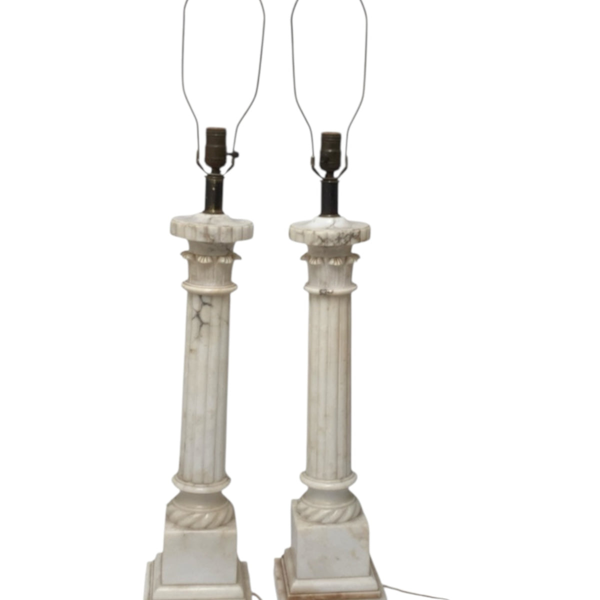 Fine Pair of Vintage Italian Neoclassical Alabaster Column Table Lamps with Laurel Wreath Finials c. Mid-20th Century 1940s-1950s
