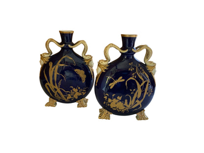 Pair Antique Grainger Cobalt Blue Porcelain Moon Pilgrim Flasks Snake Handles c. 1880 Gilt Vases Made in England