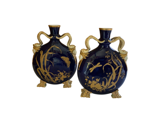 Pair Antique Grainger Cobalt Blue Porcelain Moon Pilgrim Flasks Snake Handles c. 1880 Gilt Vases Made in England