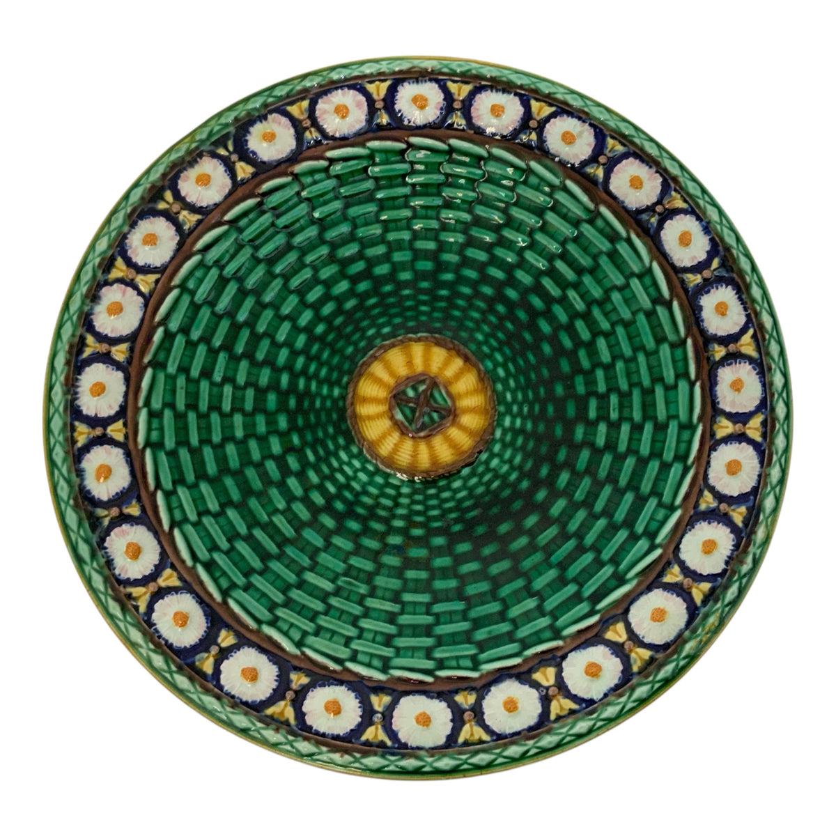 Antique Wedgwood Stanley Pattern Victorian Majolica Basket Weave Floral Plate England c. 1870s