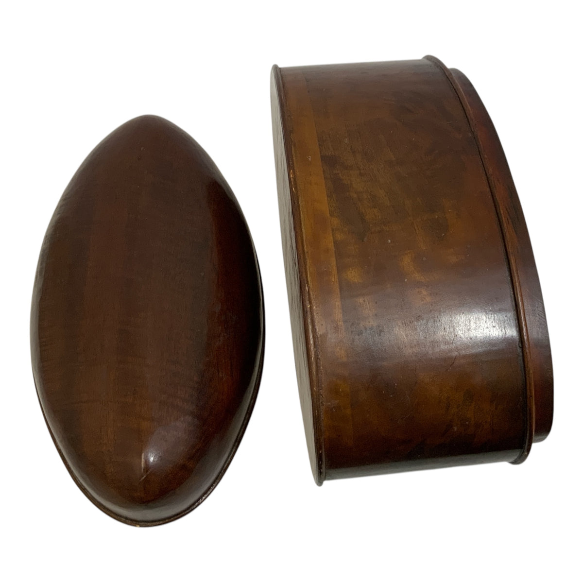 Antique English Figured Walnut Wood Oval Storage Box with Boat-Shaped Domed Lid & Applied Moldings c. 1900