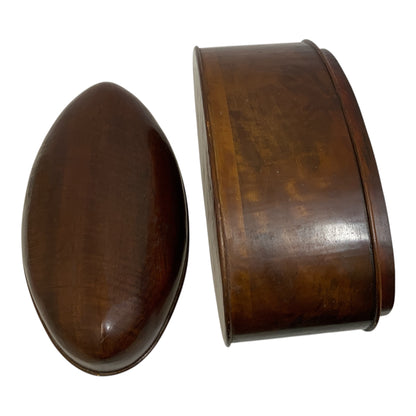 Antique English Figured Walnut Wood Oval Storage Box with Boat-Shaped Domed Lid & Applied Moldings c. 1900