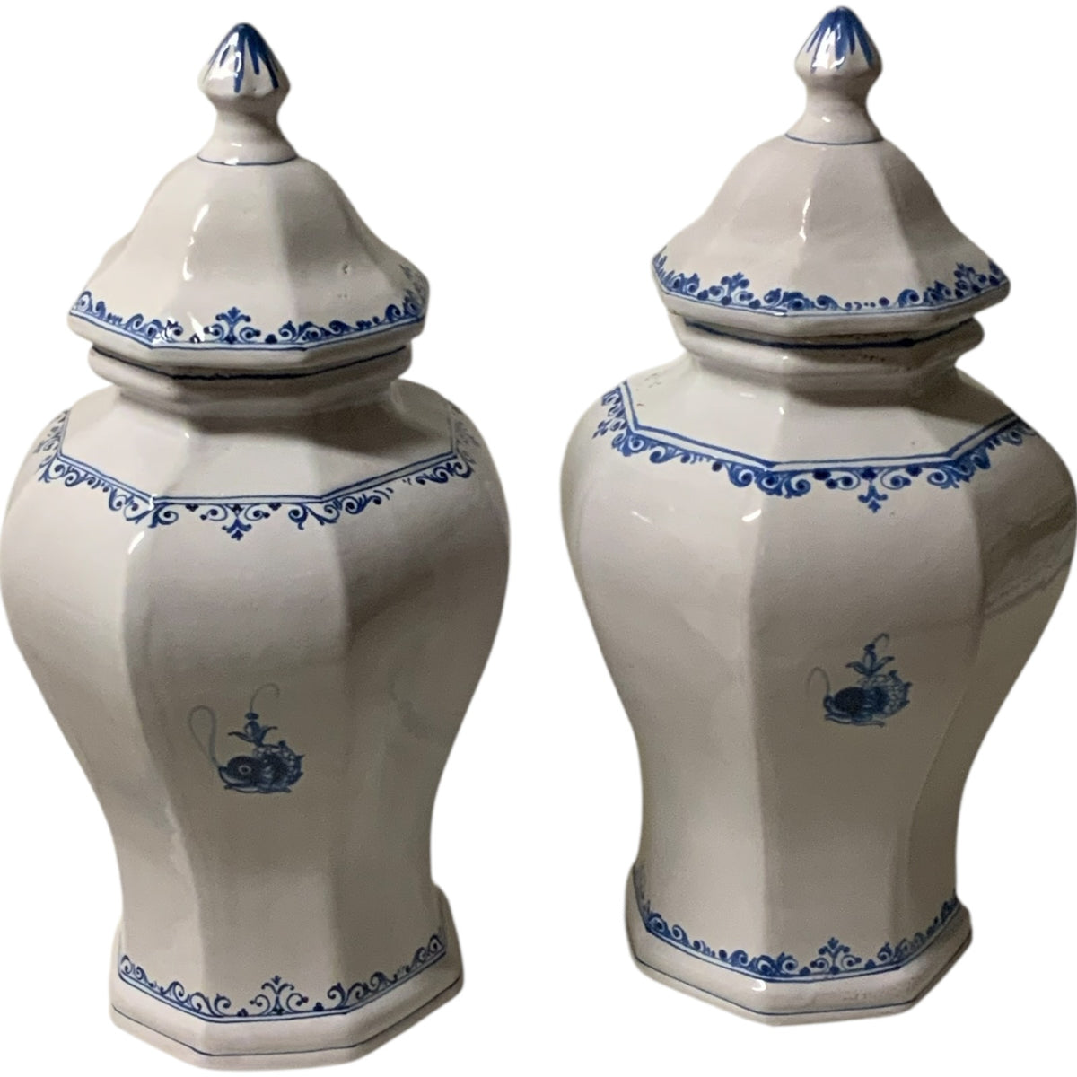 Rare Vintage 3-Piece Italian Majolica Centerpiece Set for Gump's Blue & White Tulipiere, Platter & Matching Pair of Lidded Ginger Jars Italy 1970s-1980s