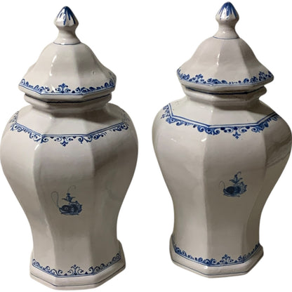 Rare Vintage 3-Piece Italian Majolica Centerpiece Set for Gump's Blue & White Tulipiere, Platter & Matching Pair of Lidded Ginger Jars Italy 1970s-1980s