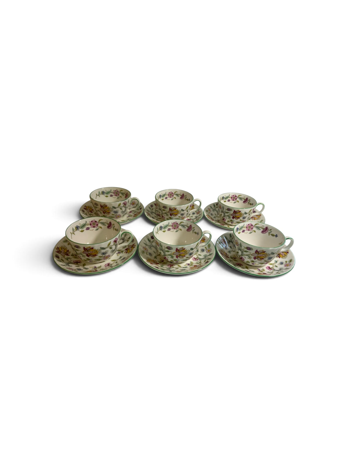 Vintage Minton Haddon Hall Flat Cup & Saucer Set of 6 Fine Bone China Green Trim England 1948-2011