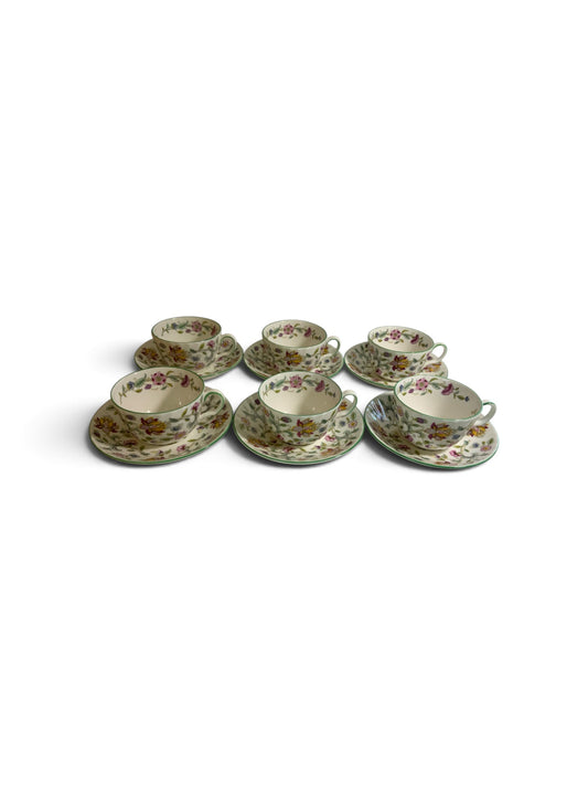 Vintage Minton Haddon Hall Flat Cup & Saucer Set of 6 Fine Bone China Green Trim England 1948-2011