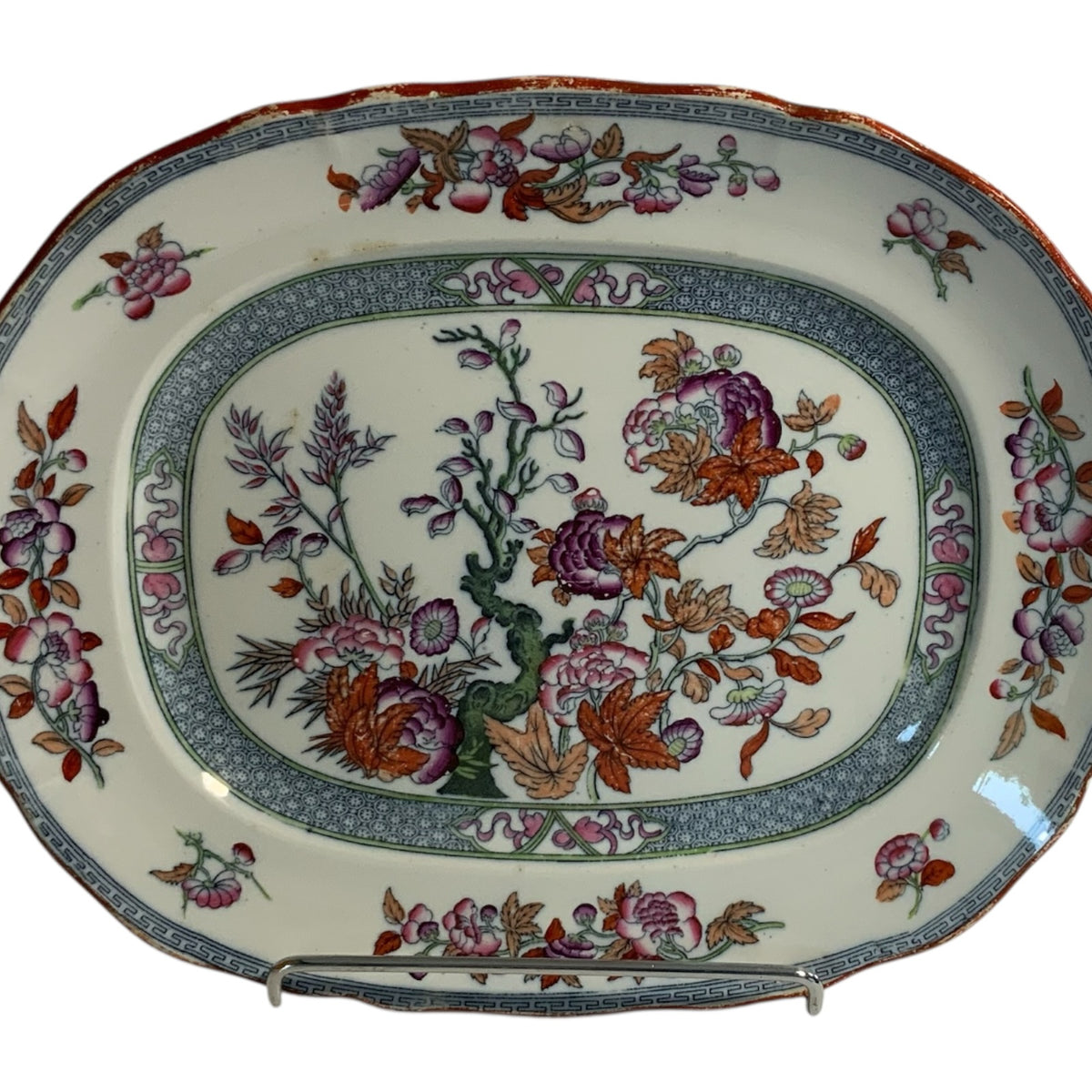 Rare Pair of Antique Minton BB New Stone 11" Oval Serving Platters – Chinoiserie Floral Pattern 41723, c. 1858-1860