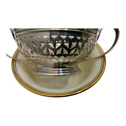 Antique Set of 12 Gorham Sterling Silver Pierced Bouillon Cup Holders with Lenox Porcelain Liners America 1900-1920