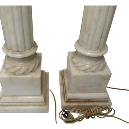 Fine Pair of Vintage Italian Neoclassical Alabaster Column Table Lamps with Laurel Wreath Finials c. Mid-20th Century 1940s-1950s