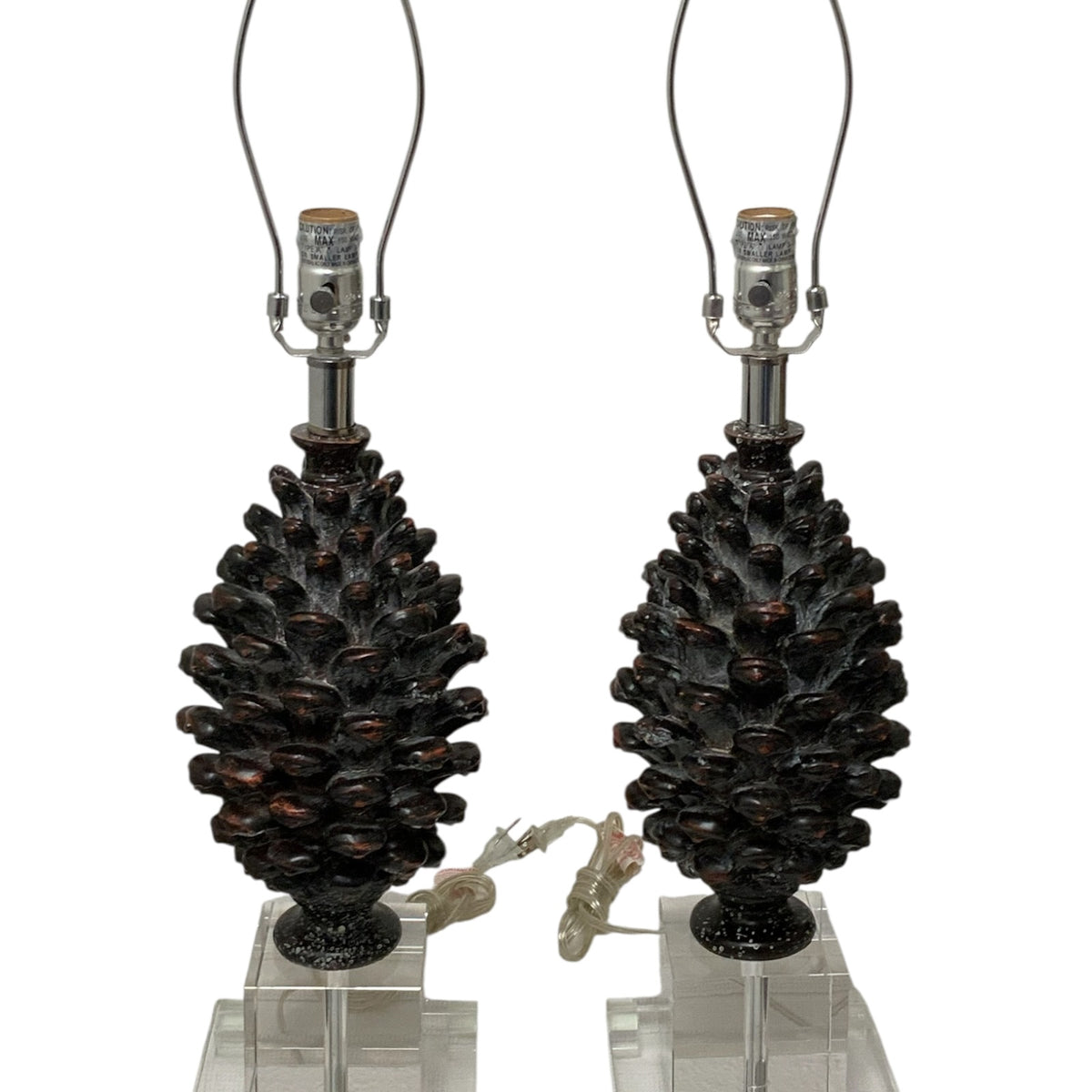 Pair of Neoclassical Style Brown Pinecone Table Lamps on Stacked Lucite Footed Bases 29" 2013