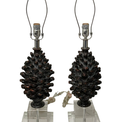 Pair of Neoclassical Style Brown Pinecone Table Lamps on Stacked Lucite Footed Bases 29" 2013