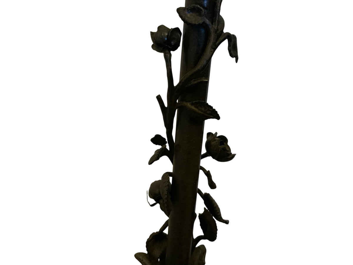 Vintage 1920s Spanish Revival Wrought Iron Bridge Floor Lamp with Ruffled Sunset Art Glass Shade Adjustable 55" - 67" 1920s-1930s