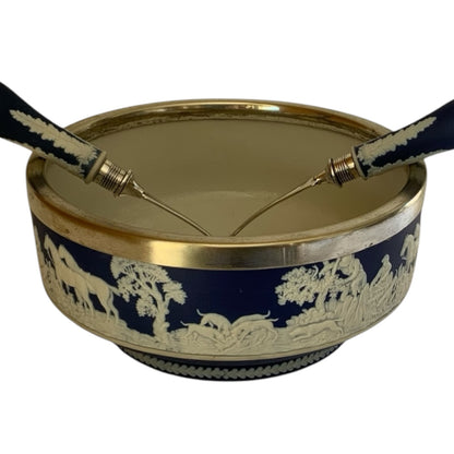 Antique William Adams Tunstall Blue Jasperware 9” Salad Bowl Set w/ Matching Silverplate Serving Fork & Spoon c.1900 Fox Hunt