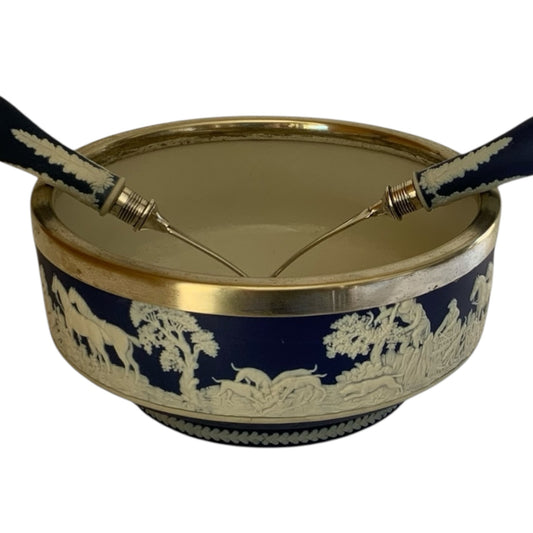 Antique William Adams Tunstall Blue Jasperware 9” Salad Bowl Set w/ Matching Silverplate Serving Fork & Spoon c.1900 Fox Hunt