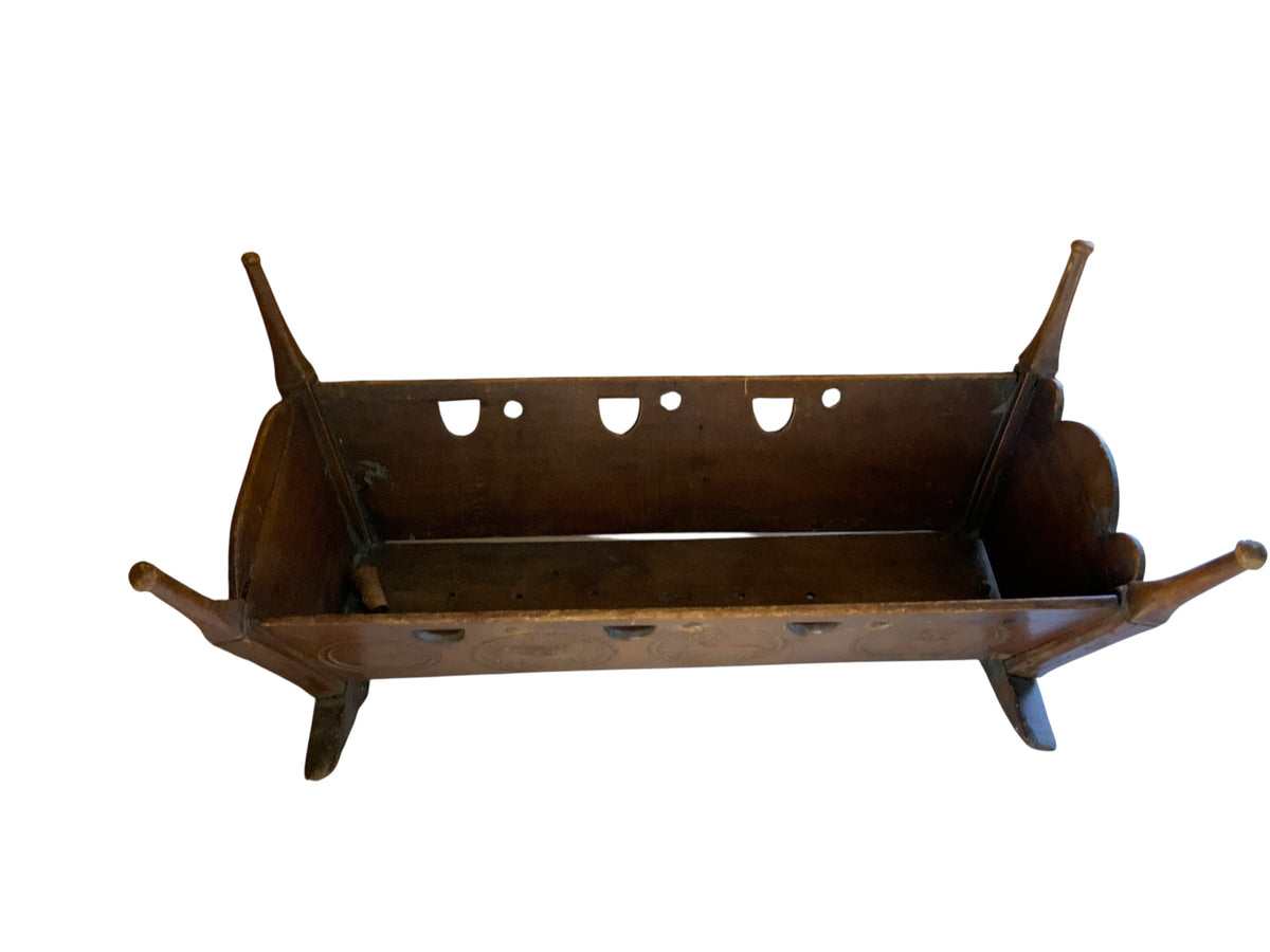 Antique 19th C European Folk Art Rocking Cradle Hand Carved Wood Catholic Iconography and Monogram