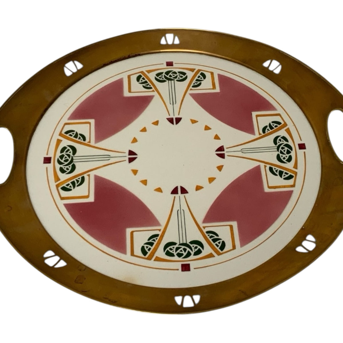 Antique German Jugendstil Wächtersbach Attributed Ceramic & Pierced Brass Tray c. 1905-1920
