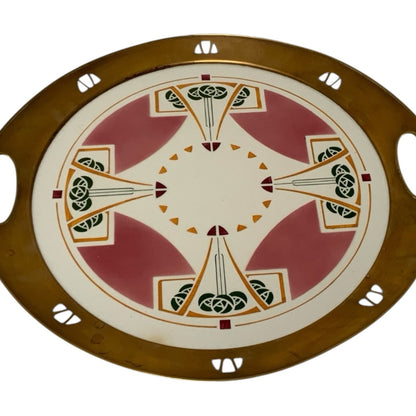 Antique German Jugendstil Wächtersbach Attributed Ceramic & Pierced Brass Tray c. 1905-1920