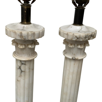 Fine Pair of Vintage Italian Neoclassical Alabaster Column Table Lamps with Laurel Wreath Finials c. Mid-20th Century 1940s-1950s