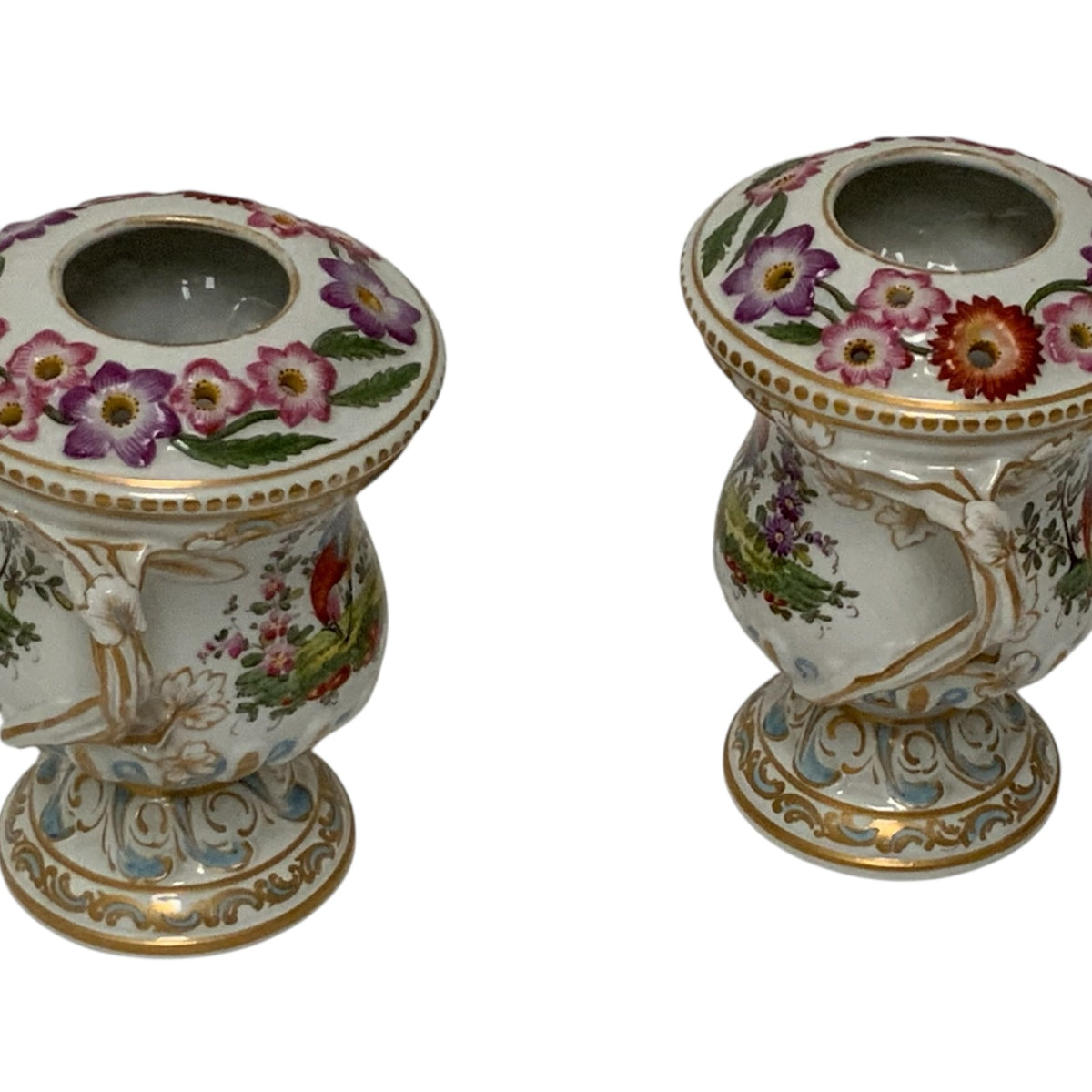 Antique Pair Edmé Samson Paris Chelsea-Style Porcelain Bird Potpourri Urns France c. 1885-1920