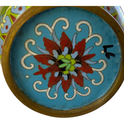 Vintage Large 15.25" Chinese Cloisonne Vase Turquoise Yellow Floral Pot Motif Vintage c.1970s-1980s
