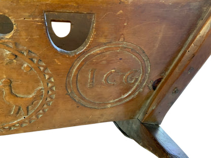 Antique 19th C European Folk Art Rocking Cradle Hand Carved Wood Catholic Iconography and Monogram