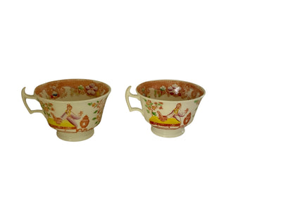 Antique Hilditch & Son Chinoiserie Porcelain Teacups Pair Made in Staffordshire England c.1825