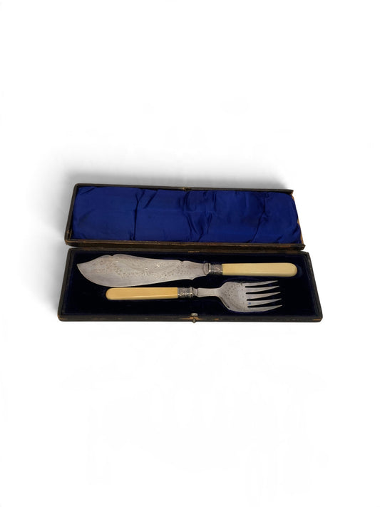 Antique English Victorian H&S EP Silver Plate Fish Serving Knife & Fork Set Bone Handles Orig. Case c. 1880-1900